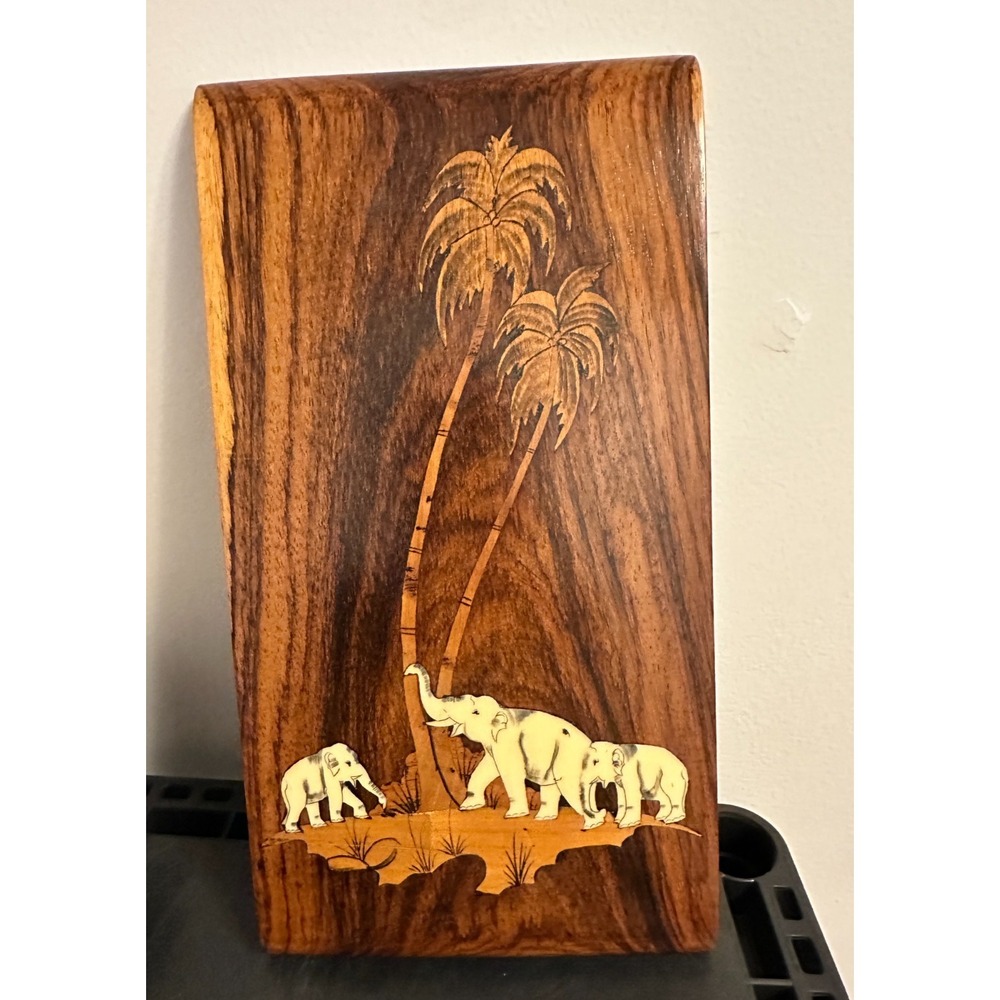 Vintage Wood Marquetry Wall Art Plaque Elephant Palm Tree Inlay Brown Safari‎
